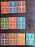 Six sets of vintage Chinese gymnastics postage stamps . The stamps feature various color combinations including red, blue, green, orange, purple, and teal, with white illustrations of gymnasts and black cancellation marks.