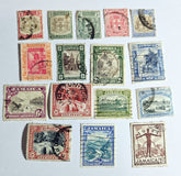 A collection of vintage Jamaica stamps from various reigns of British monarchs, displayed on a black background.