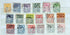 A collection of various Latvian stamps arranged in rows, showcasing different designs and cancellation marks.