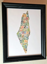 Framed artwork of a map of palestine made from vintage stamps on a white background.