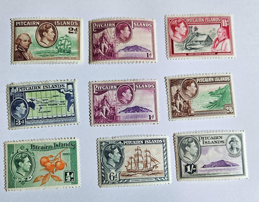 A collection of vintage Pitcairn Islands stamps from the British Commonwealth, featuring various designs including portraits and iconic imagery.