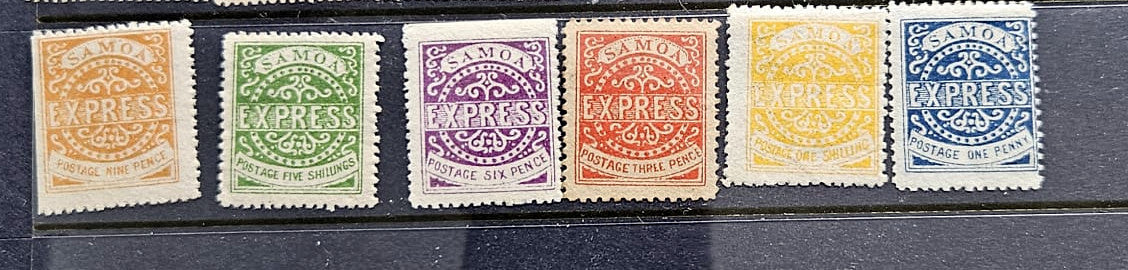Six vintage British Samoa Empire Express postage stamps in different colors (orange, green, purple, red-orange, yellow, and blue) aligned horizontally on a dark background.