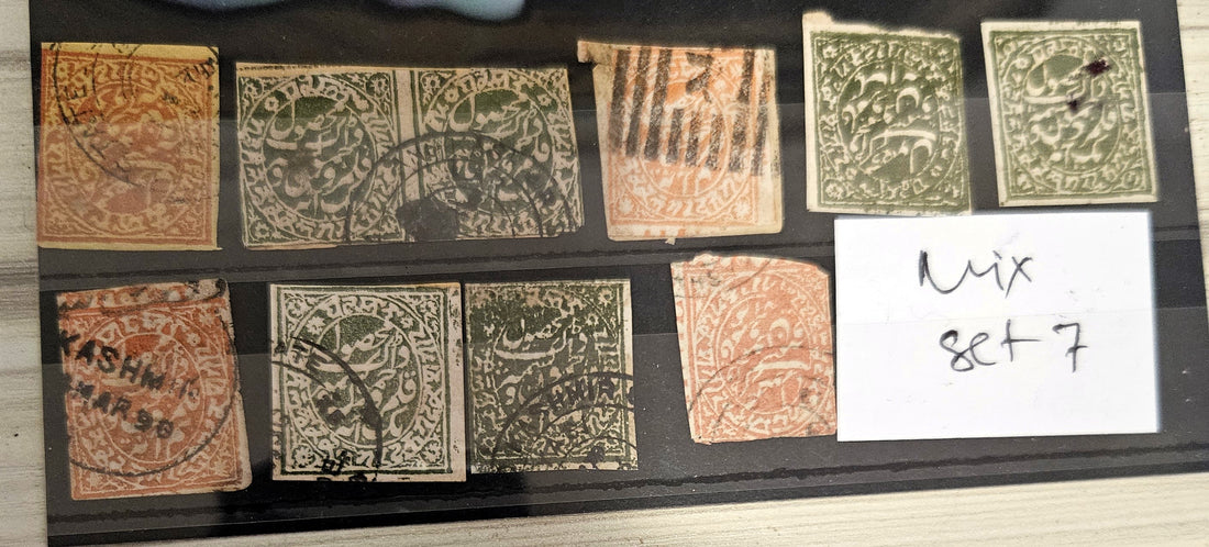 A display of various vintage Jammu and Kashmir postage stamps, with and without gum, arranged in a grid pattern.
