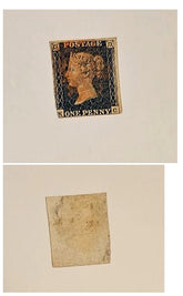 A vintage British one penny postage stamp shown from both sides on a light beige background. The front view shows Queen Victoria&
