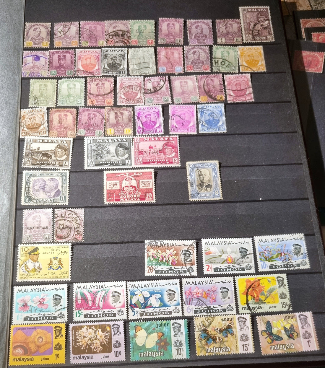 A collection of various vintage Malay state stamps displayed in a row, showcasing different colors and designs.