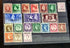 A collection of various vintage Tangier postage stamps displayed on a surface, with different colors and designs, including portraits of a king and a queen.