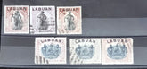 A collection of six vintage Labuan postage stamps with various designs, predominantly in green, blue, and brown shades, featuring inscription &