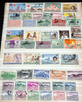 A collection of vintage Pakistan stamps from various periods, showing different designs and denominations, displayed on a glass surface.
