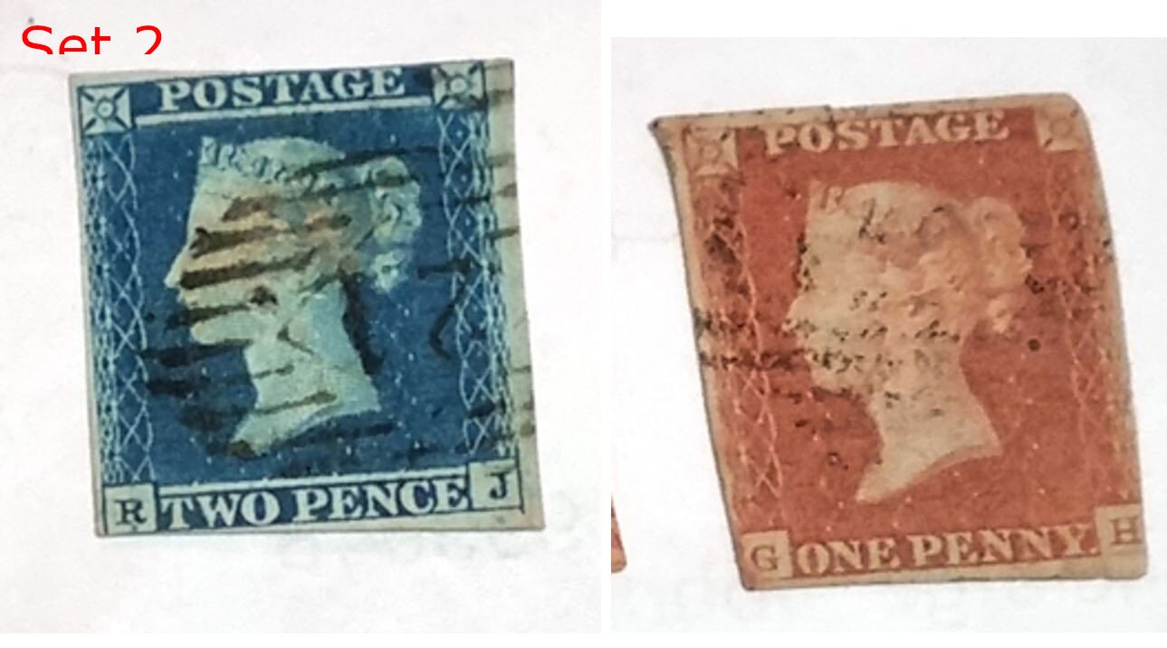 Original Penny Red and 2 Penny Blue GB postage stamps